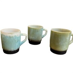 3 Vintage Anchor Hocking Fire King Avocado Green Black Coffee Mug Stackable